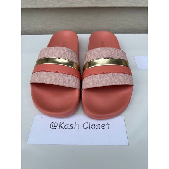 Michael Kors Slide brandy metallic striped logo sandal sherbert - Picture 6 of 6